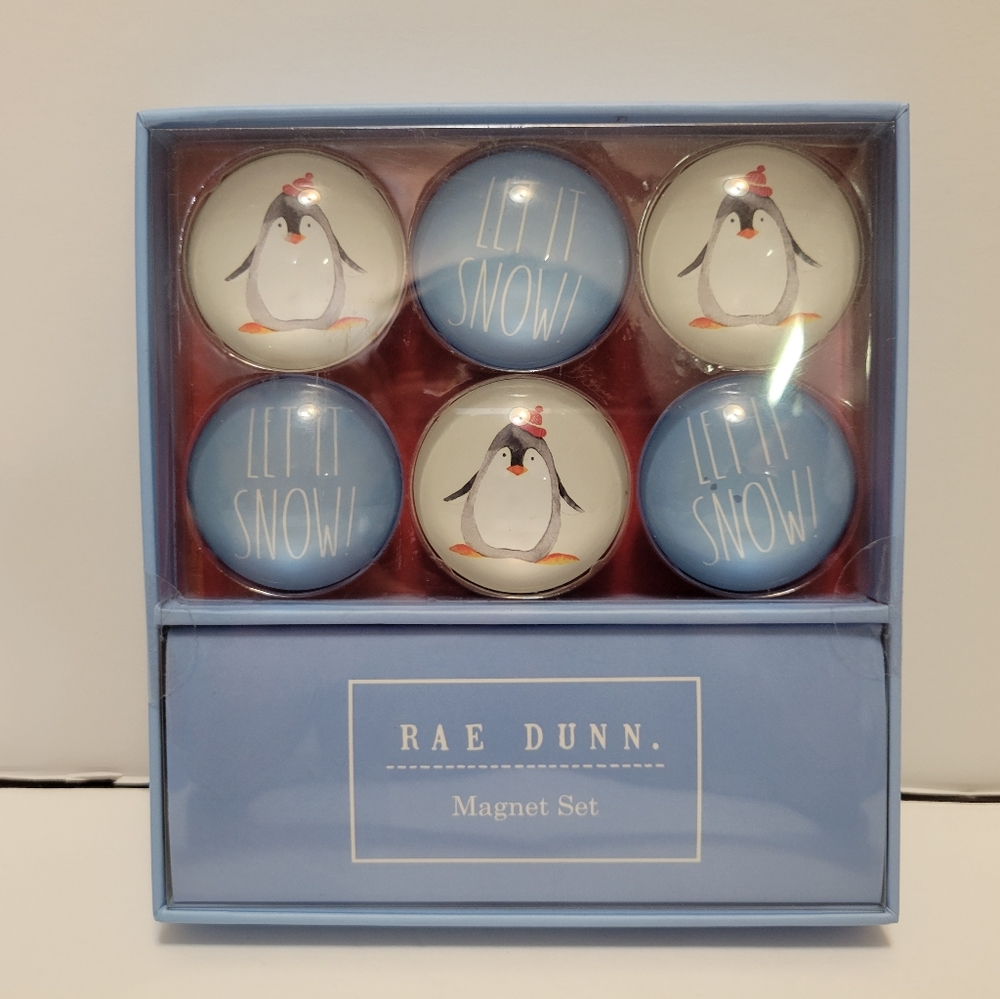 Rae Dunn Let It Snow Penguin (Ivory Blue) 6 Glass Dome Magnets NWOT